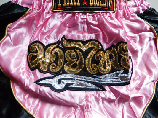 Original Muay Thai Shorts für Kinder Rosa Schwarz | Thaiboxhose XXS-M