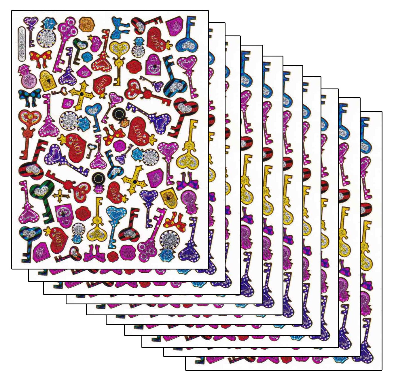 10ER Vorteilsangebot Herzen Liebe bunt Schlüssel Aufkleber Sticker metallic Glitzer Effekt für Kinder Basteln Kindergarten Geburtstag 10 Bogen 099