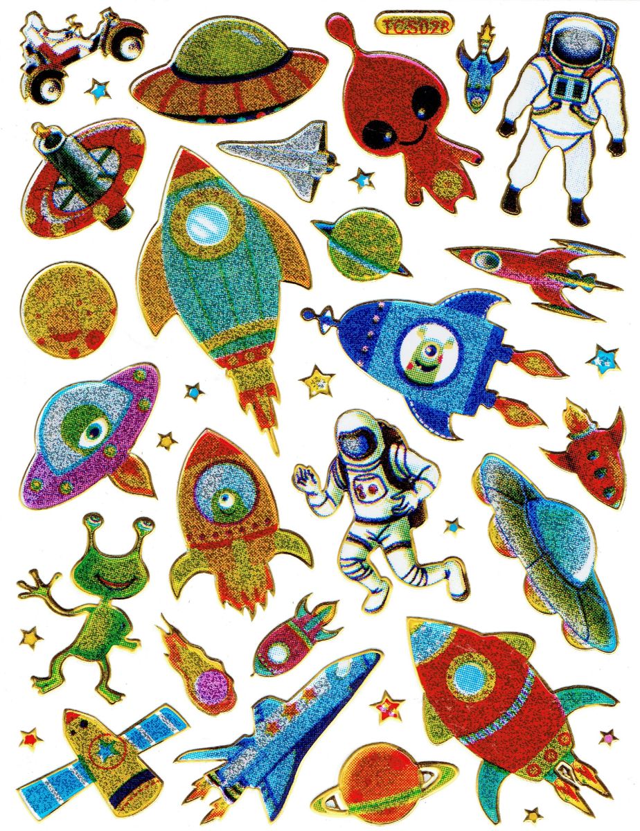 Fusée UFO Astronaute Autocollant Effet Paillettes Métalliques École Enfants Artisanat Maternelle 1 feuille 526