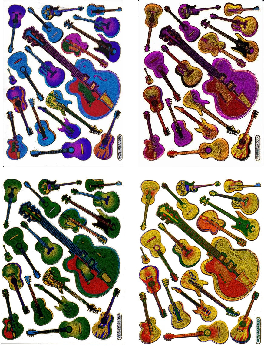 4 Bogen Promotion Set Gitarre Musikinstrument Spielen Aufkleber Sticker metallic Glitzer Effekt Schule Kinder Basteln Kindergarten