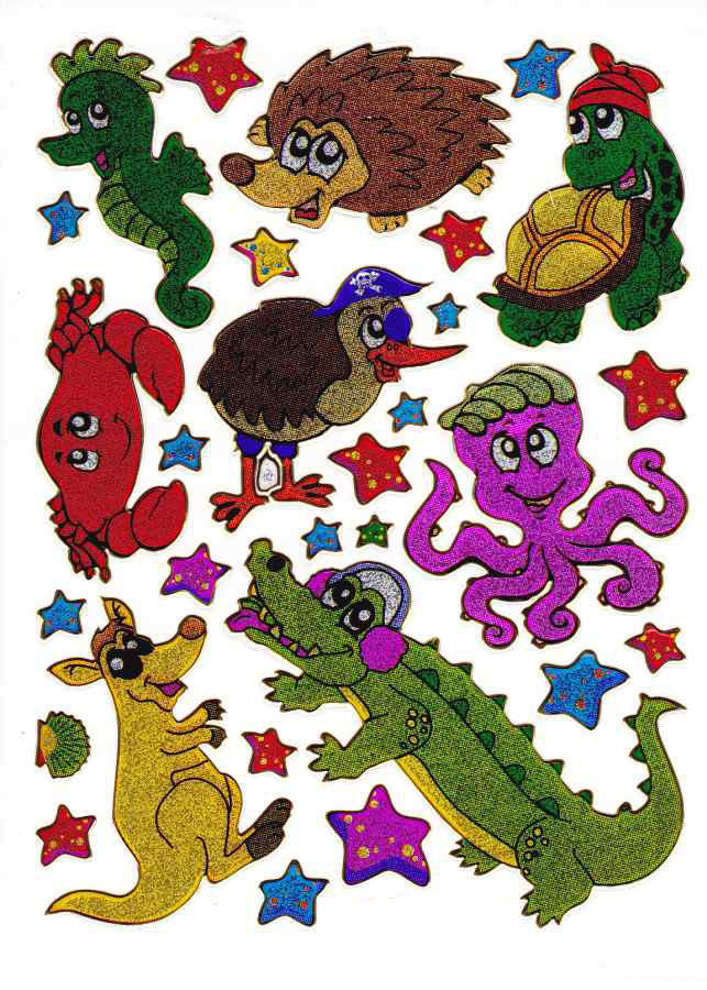 Igel Oktopus Schildkröte bunt Tiere Aufkleber Sticker metallic Glitzer Effekt Kinder Basteln Kindergarten 1 Bogen 346