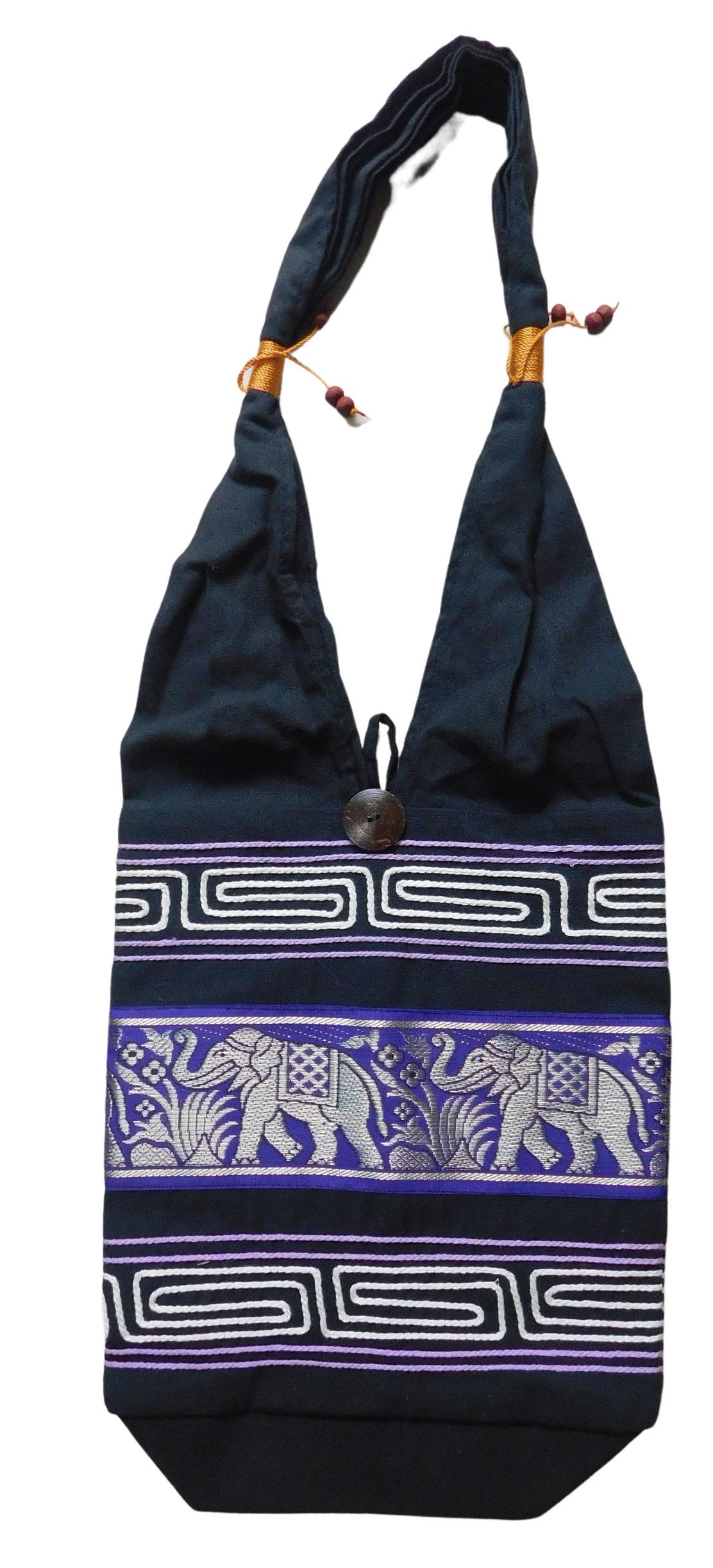 Elefanten Umhängetasche aus Baumwolle – Handgefertigte Thailand Schultertasche mit Stickerei 30 x 27 cm