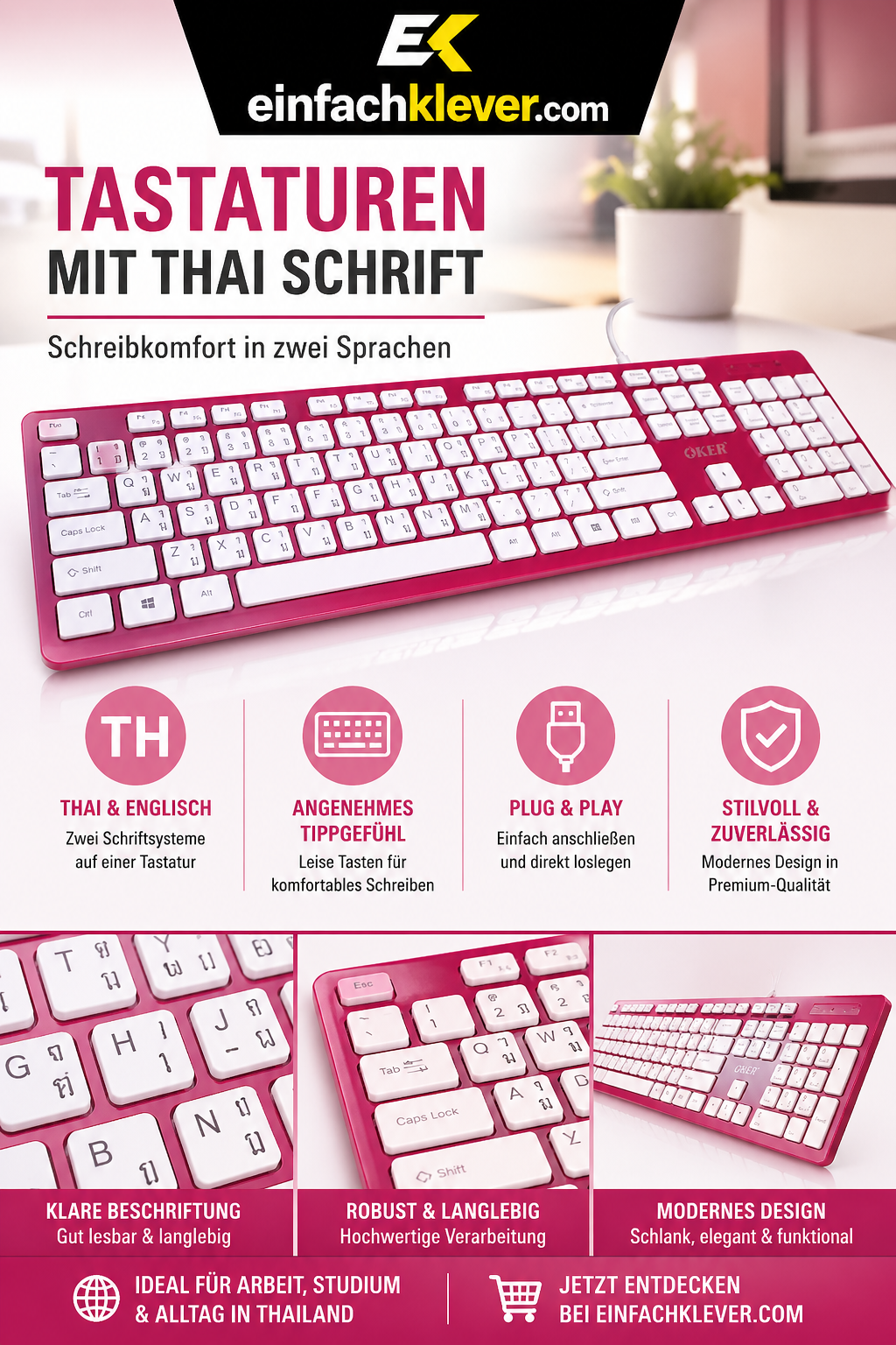 OKER KB518: Elegante QWERTY USB-Tastatur in Pink mit thailändischer Schrift