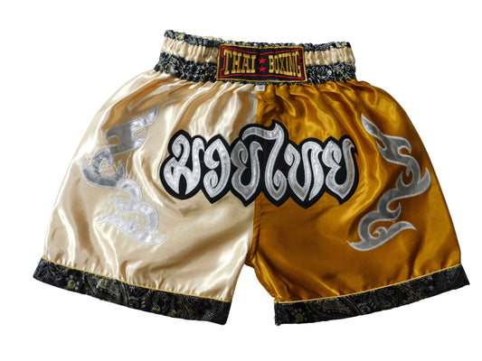 Original Muay Thai Shorts für Kinder Beige Gold | Thaiboxhose XXS-M