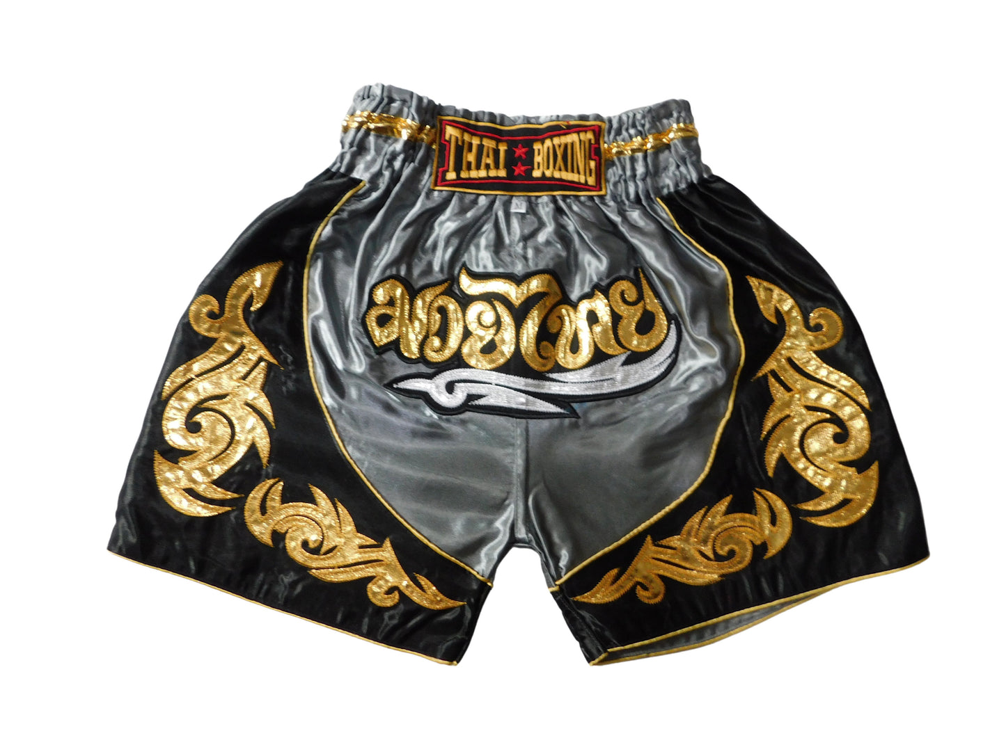 Original Muay Thai Shorts für Kinder Grau Schwarz | Thaiboxhose XXS-M