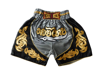 Original Muay Thai Shorts für Kinder Grau Schwarz | Thaiboxhose XXS-M