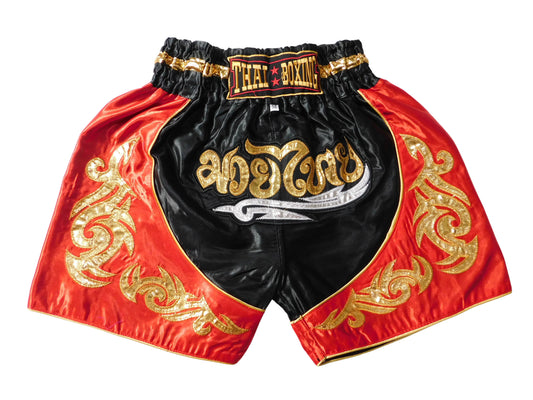 Original Muay Thai Shorts für Kinder Schwarz Rot | Thaiboxhose XXS-M