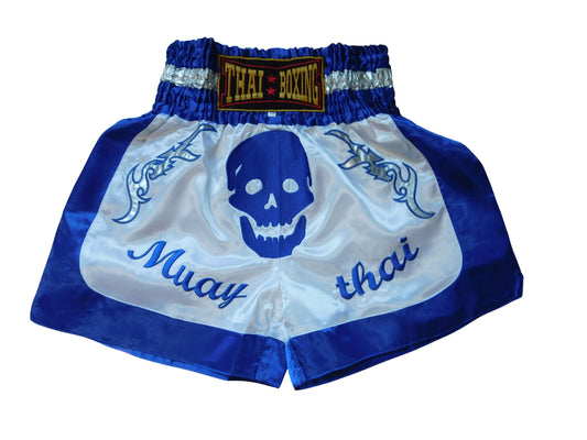 Original Muay Thai Shorts Totenkopf Blau Weiß | Thaiboxhose Unisex M-3XL
