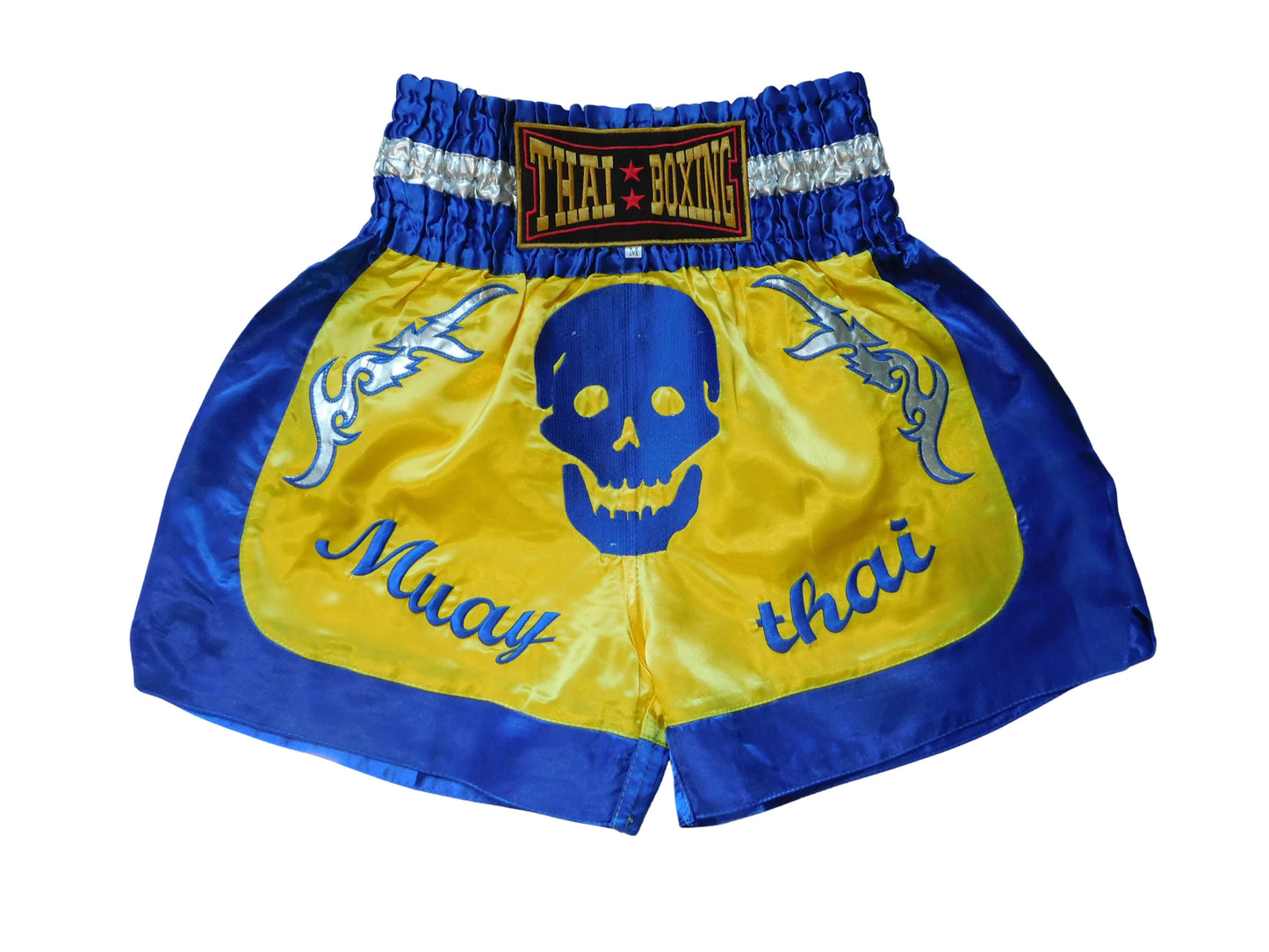 Original Muay Thai Shorts Totenkopf Blau Gelb | Thaiboxhose Unisex M-3XL
