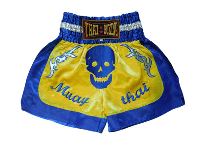 Original Muay Thai Shorts Totenkopf Blau Gelb | Thaiboxhose Unisex M-3XL