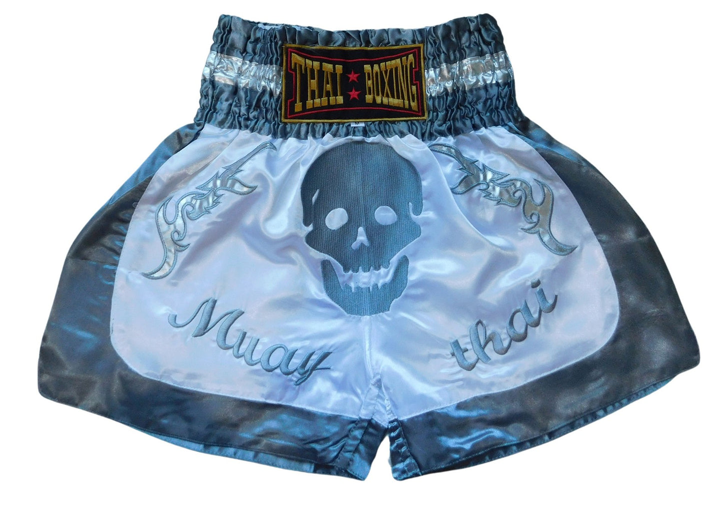 Original Muay Thai Shorts Totenkopf Weiß Blau | Thaiboxhose Unisex M-3XL