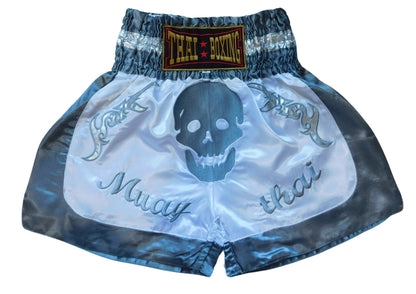 Original Muay Thai Shorts Totenkopf Weiß Blau | Thaiboxhose Unisex M-3XL