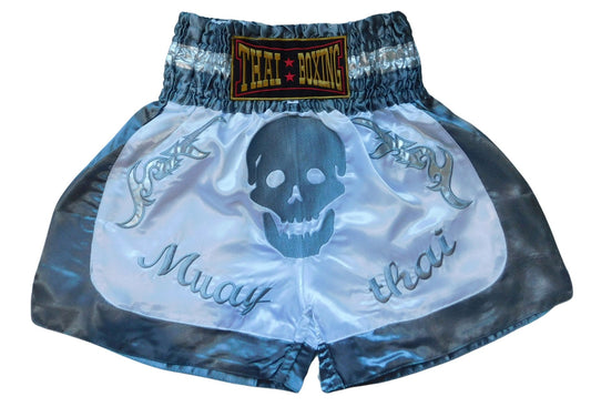 Original Muay Thai Shorts Totenkopf Weiß Blau | Thaiboxhose Unisex M-3XL