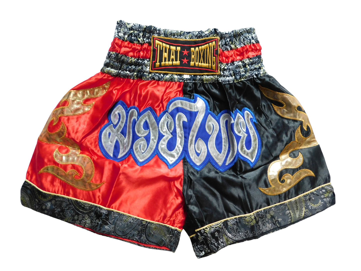 Muay Thai Shorts Schwarz Rot Blau Gold | Original Thaiboxhose aus Thailand M-3XL