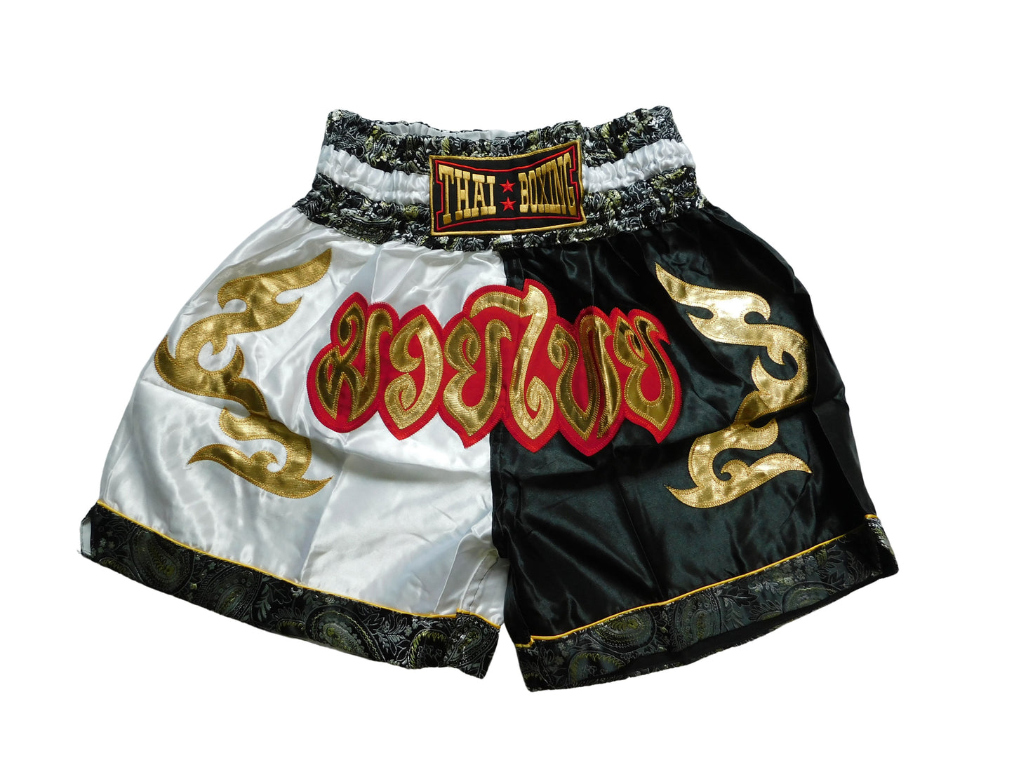 Muay Thai Shorts Weiß Schwarz Gold | Original Thaiboxhose aus Thailand M-3XL
