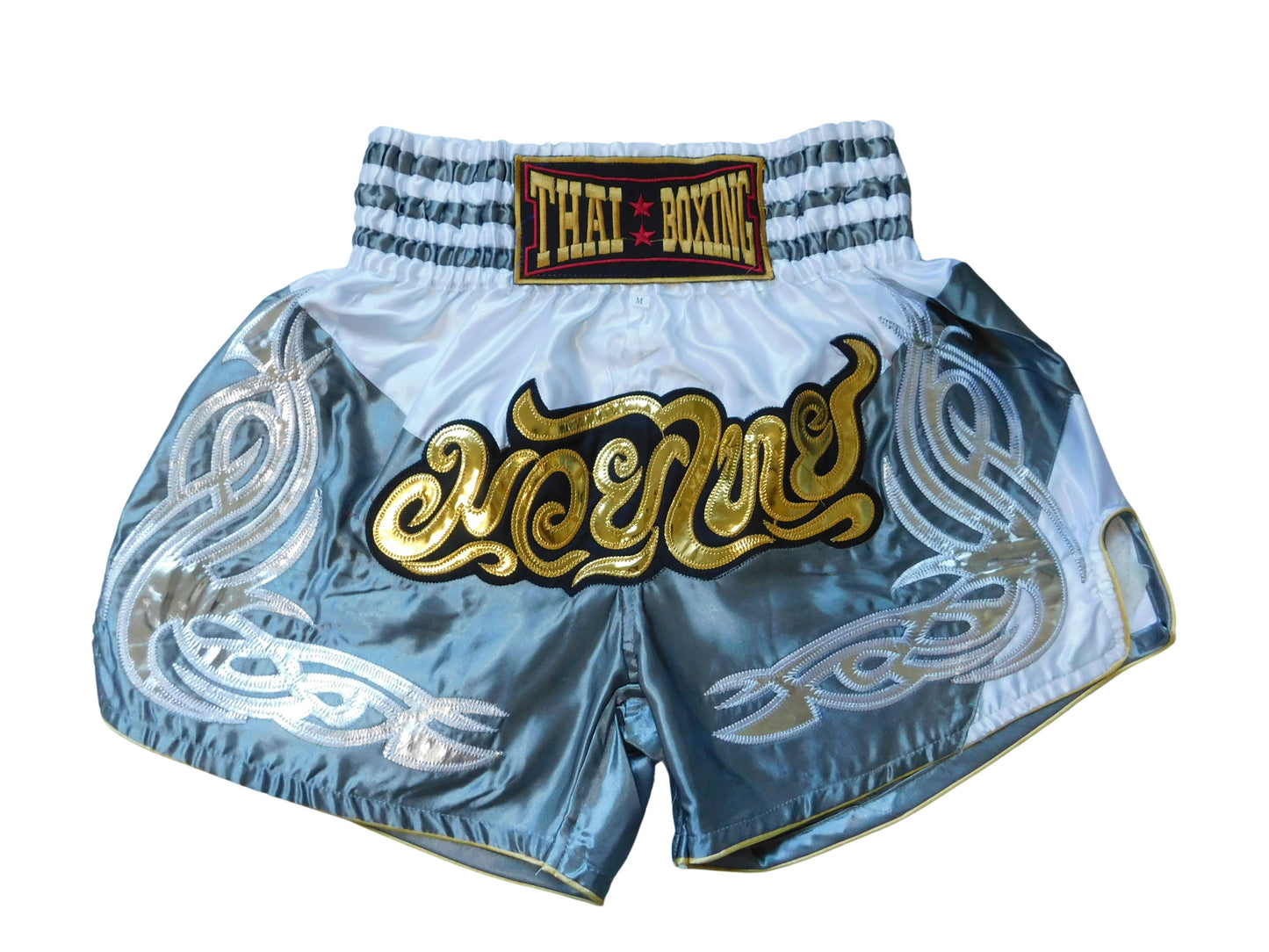 Original Muay Thai Shorts Grau Weiß | Thaiboxhose M-3XL aus Thailand