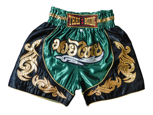 Original Muay Thai Shorts für Kinder Grün Schwarz | Thaiboxhose XXS-M