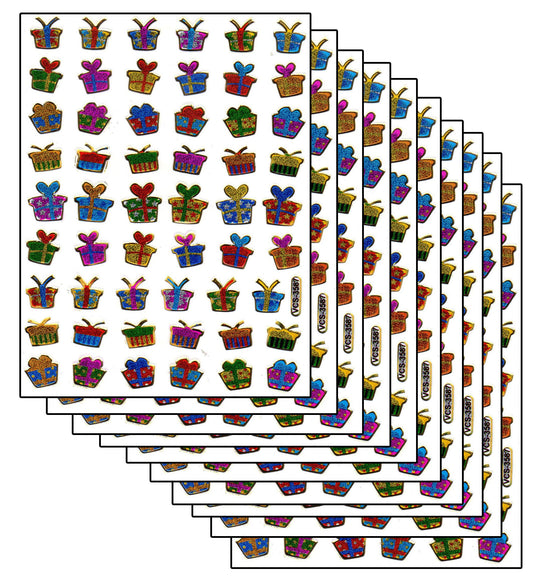 Sparset 10 Bogen Geschenke Paket Überraschung 150 Aufkleber Sticker metallic Glitzer Effekt für Kinder Basteln Kindergarten Geburtstag