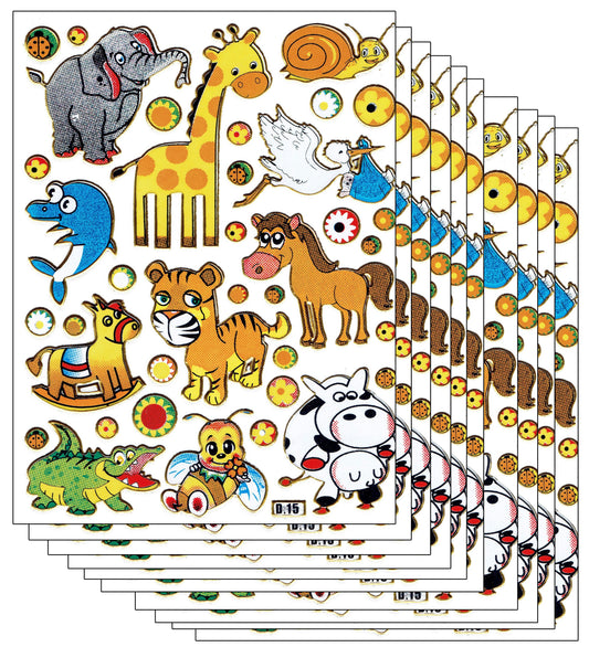 10ER Vorteilsangebot Safari Zoo Tiergarten Aufkleber Sticker metallic Glitzer Effekt für Kinder Basteln Kindergarten Geburtstag 10 Bogen 110
