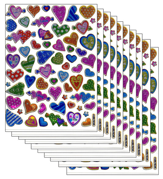 10ER Vorteilsangebot Herzen Herz bunt Liebe Aufkleber Sticker metallic Glitzer Effekt für Kinder Basteln Kindergarten Geburtstag 10 Bogen 169