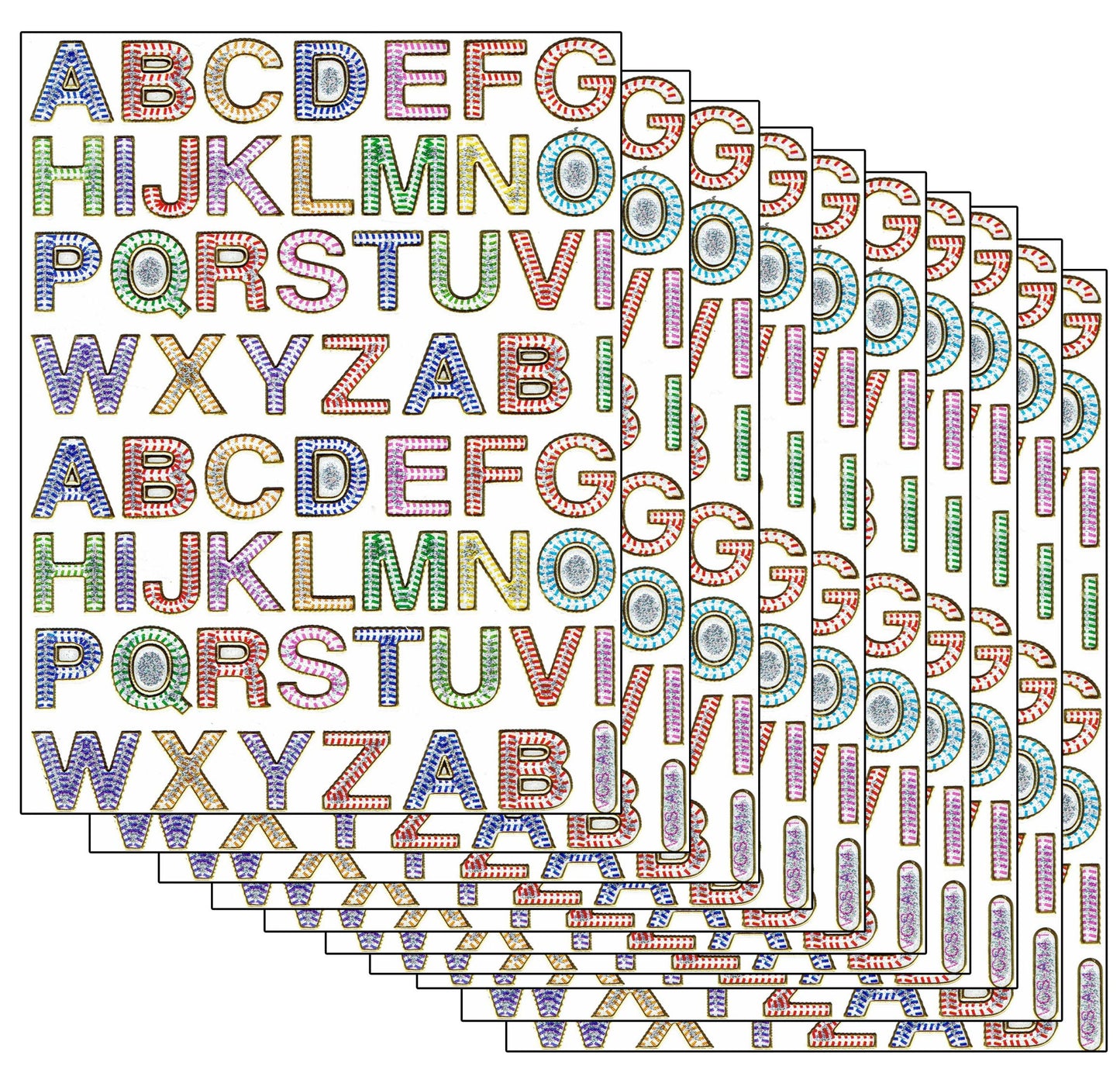 Sparset 10 Bogen ABC Buchstaben bunt 560 Aufkleber Sticker metallic Glitzer Effekt für Kinder Basteln Kindergarten Geburtstag