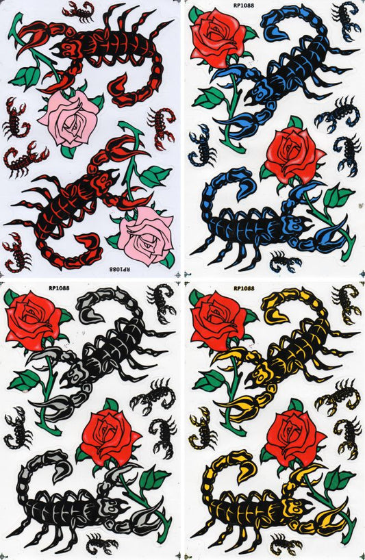4 Bogen Promotion Set Skorpion Rose Aufkleber Sticker Motorrad Moped Roller Skateboard Auto Tuning Modellbau selbstklebend