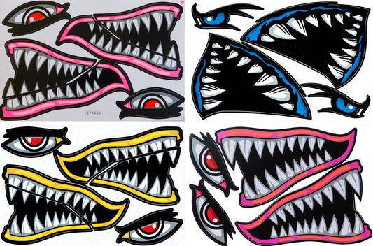 4 Bogen Promotion Set Hai Maul Zähne Monster Aufkleber Sticker Motorrad Moped Roller Skateboard Auto Tuning Modellbau selbstklebend