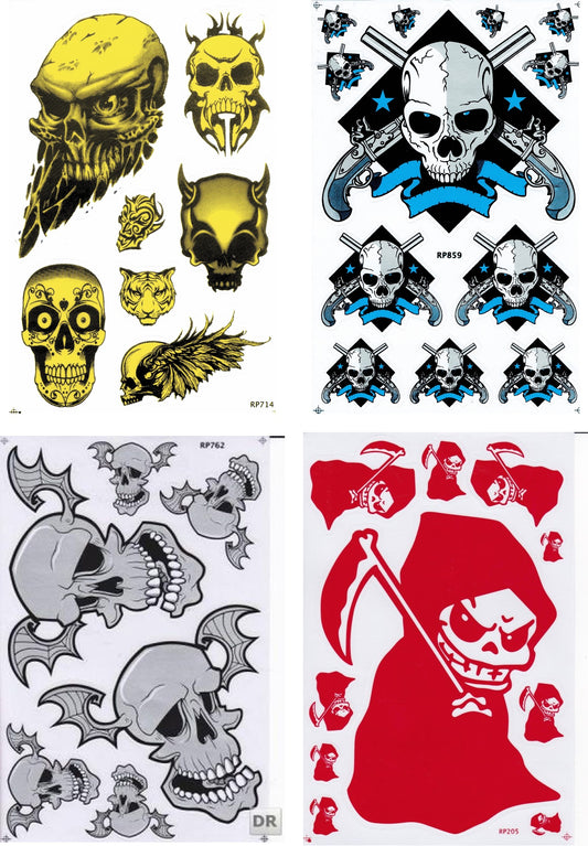 4 Bogen Promotion Set Totenkopf Pirat Sensemann Aufkleber Sticker Motorrad Moped Roller Skateboard Auto Tuning Modellbau selbstklebend