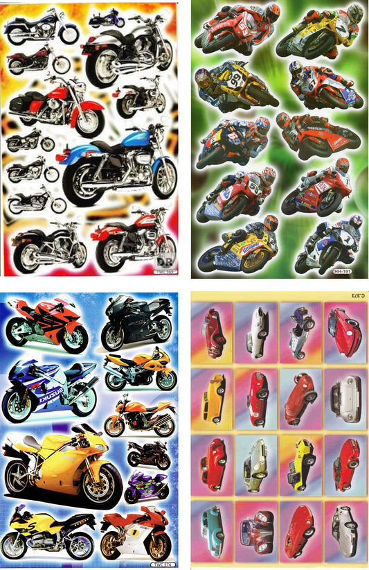 4 Bogen Promotion Set Motorräder Auto Aufkleber Sticker Kinder Basteln Kindergarten Geburtstag