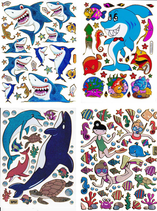 4 Bogen Promotion Set Hai Fische Taucher Schildkröte Aufkleber Sticker metallic Glitzer Effekt Schule Kinder Basteln Kindergarten