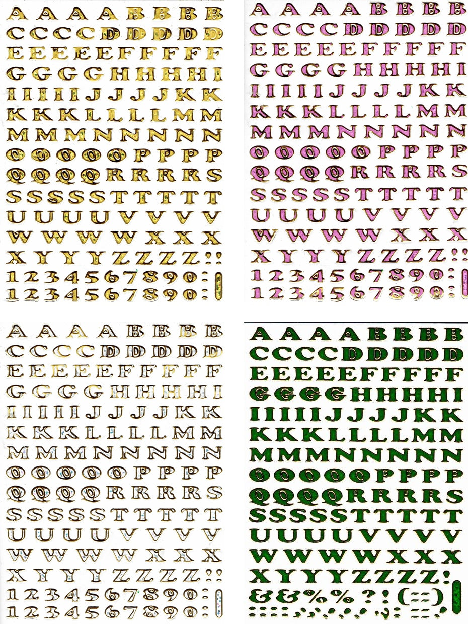 4 Bogen Promotion Set Buchstaben ABC bunt Aufkleber Sticker metallic Glitzer Effekt Schule Kinder Basteln Kindergarten
