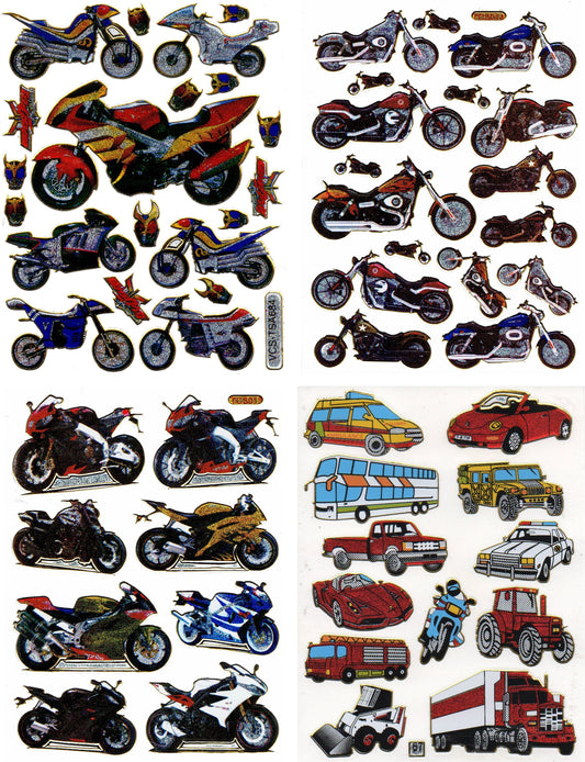 4 Bogen Promotion Set Motorrad Auto Busse Moto Aufkleber Sticker metallic Glitzer Effekt Schule Kinder Basteln Kindergarten