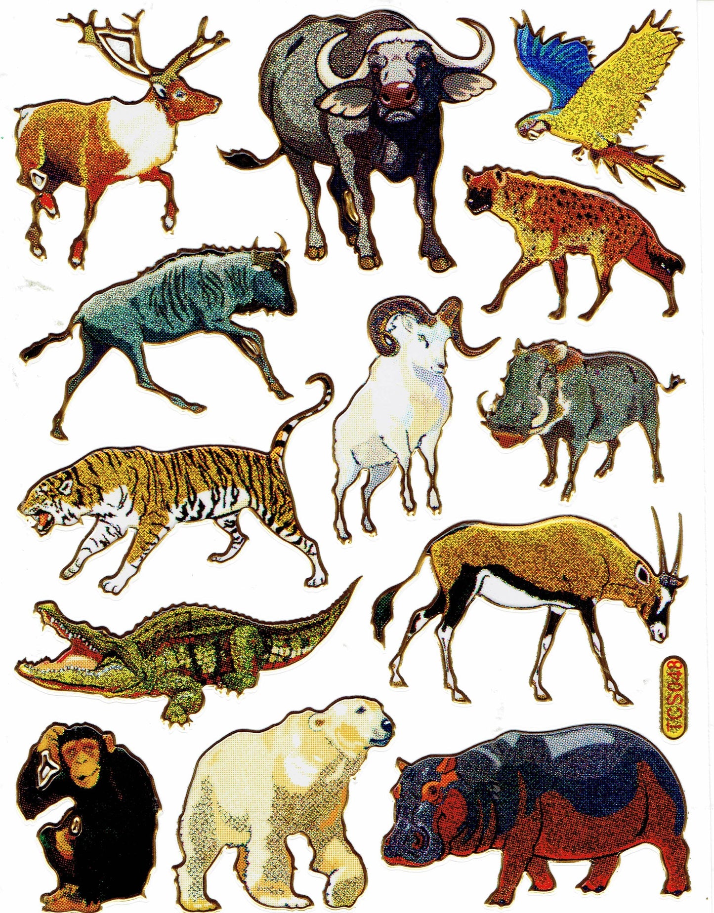 Büffel Hyäne eisbär Krokodil bunt Tiere Aufkleber Sticker metallic Glitzer Effekt Kinder Basteln Kindergarten 1 Bogen 007