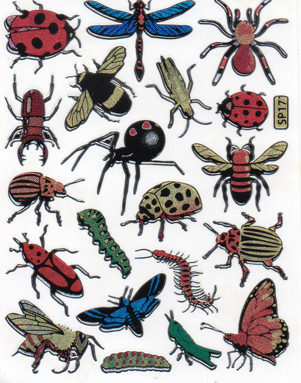 Insekten Spinne Käfer bunt Tiere Aufkleber Sticker metallic Glitzer Effekt Kinder Basteln Kindergarten 1 Bogen 036