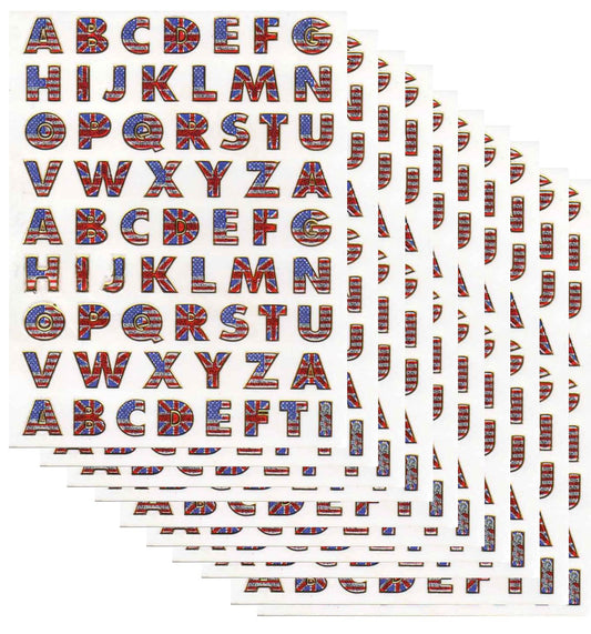 10ER Vorteilsangebot Buchstaben ABC USA Aufkleber Sticker metallic Glitzer Effekt für Kinder Basteln Kindergarten Geburtstag 10 Bogen 134