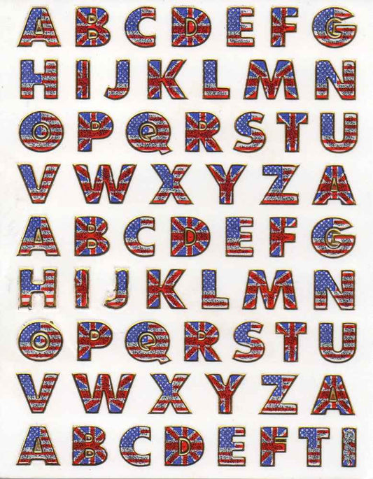 Buchstaben ABC USA FLAGGE bunt Höhe 12 mm Aufkleber Sticker metallic Glitzer Effekt Schule Büro Ordner Kinder Basteln Kindergarten 1 Bogen 134