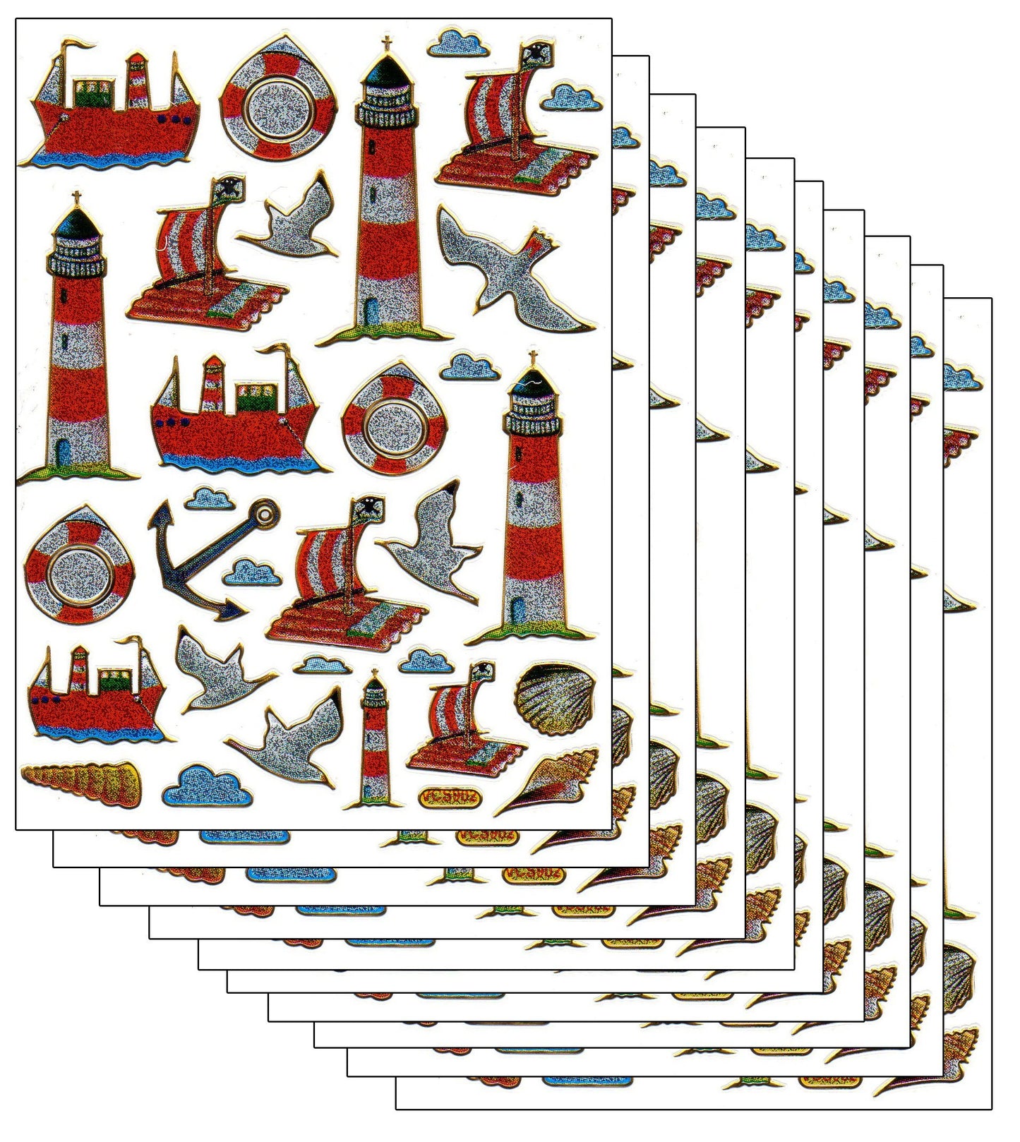 10ER Vorteilsangebot Leuchtturm Anker Schiff Aufkleber Sticker metallic Glitzer Effekt für Kinder Basteln Kindergarten Geburtstag 10 Bogen 277