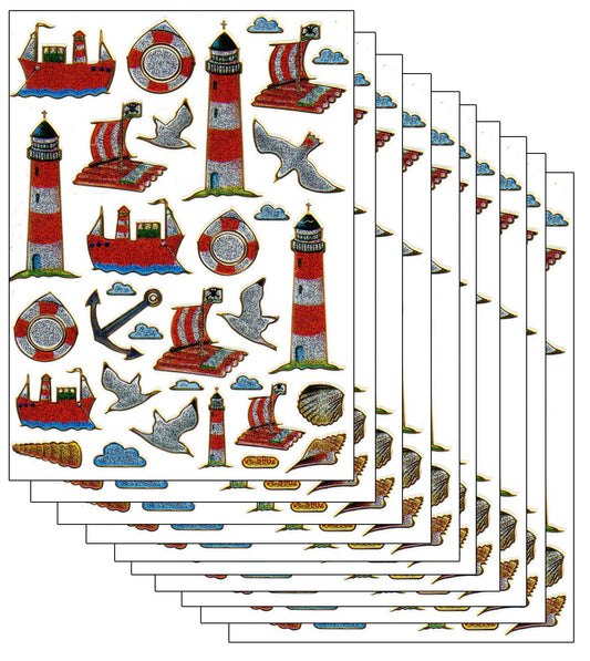 10ER Vorteilsangebot Leuchtturm Anker Schiff Aufkleber Sticker metallic Glitzer Effekt für Kinder Basteln Kindergarten Geburtstag 10 Bogen 277