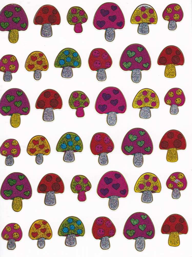 Pilze Pilz Pfiffer bunt Aufkleber Sticker metallic Glitzer Effekt Kinder Basteln Kindergarten 1 Bogen 424