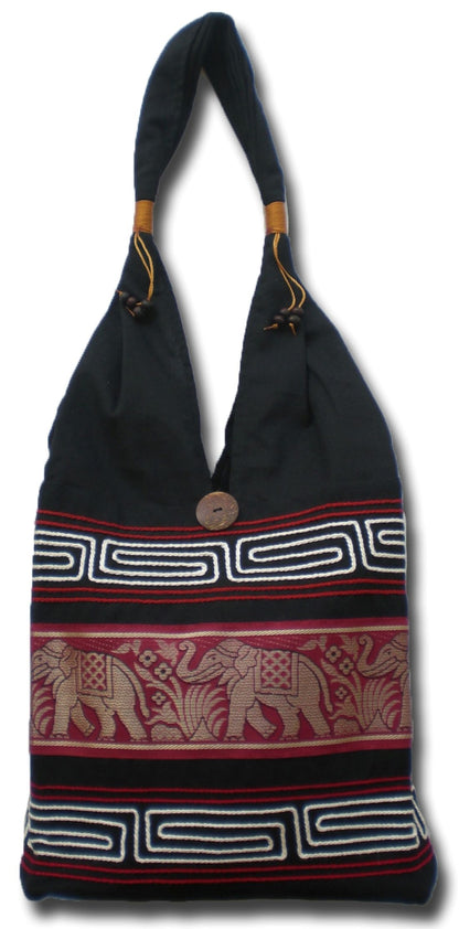 Elefanten Umhängetasche aus Baumwolle – Handgefertigte Thailand Schultertasche mit Stickerei 30 x 27 cm