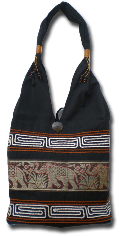 Elefanten Umhängetasche aus Baumwolle – Handgefertigte Thailand Schultertasche mit Stickerei 30 x 27 cm