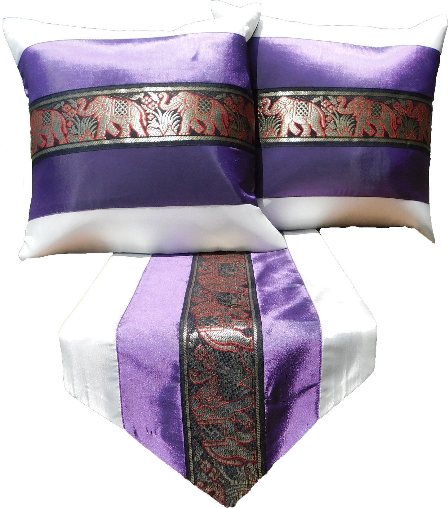 Kissenbezug & Tischläufer SET 3-Teilig zweifarbig Elefanten Borte Geburtstag Hochzeit Party Wohnzimmer Küche Tischdecke Hotel Thai Seide Thai Silk
